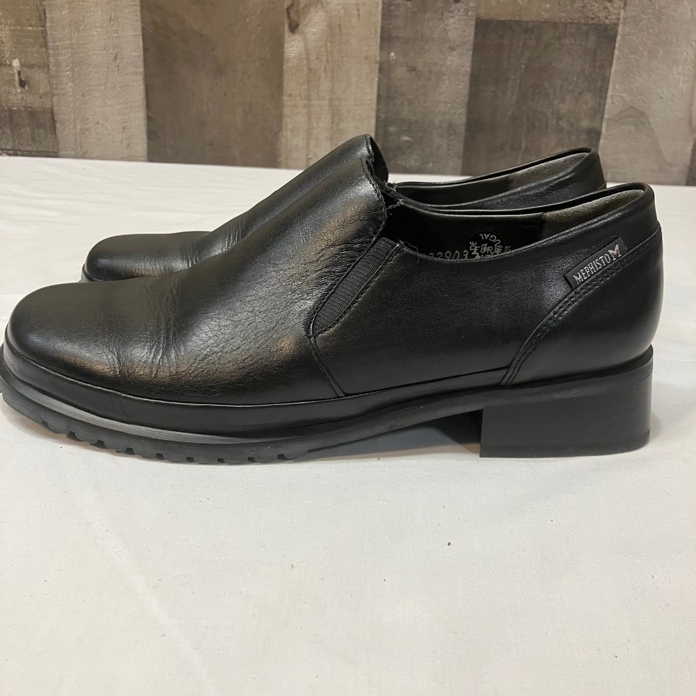 Mephisto Air-Relax Black Leather Slip On Loafers Womens 8 Block Heel Portugal